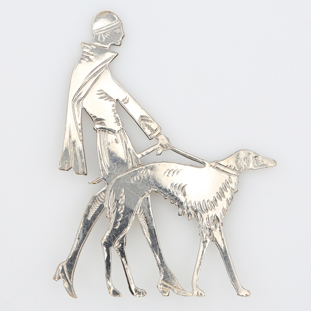 Vintage Art Deco Flapper Lady Walking Borzoi Greyhound Dog Brooch 1920s